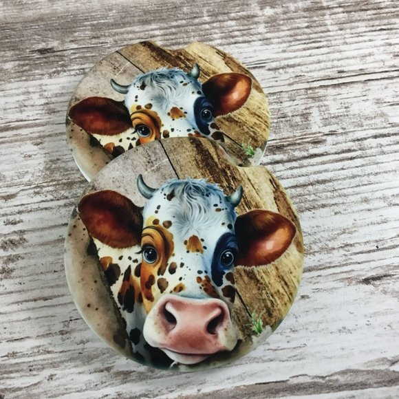 Peeking Cow Rustic Car Coasters Set of 2 - Picture 5 of 5